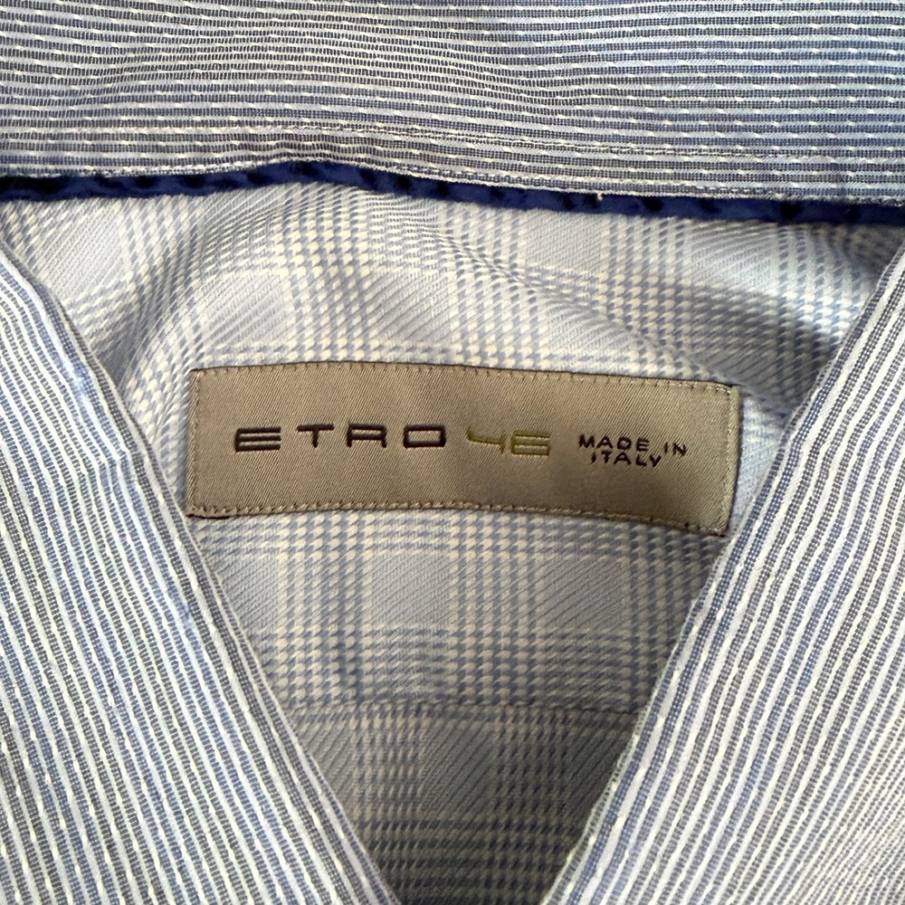 ETRO‎ Luxury Dress Shirt 46 Blue Textured Micro-Check Contrast Spread Collar - Picture 9 of 12